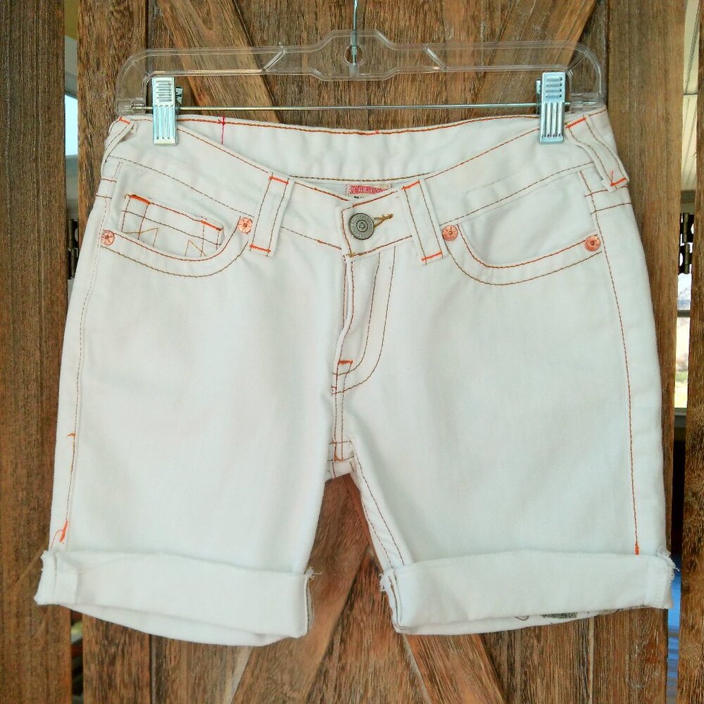 TRUE RELIGION Godiva Bobby Jean Shorts Size 27 White Custom Cut Off Embroidered - Picture 2 of 10